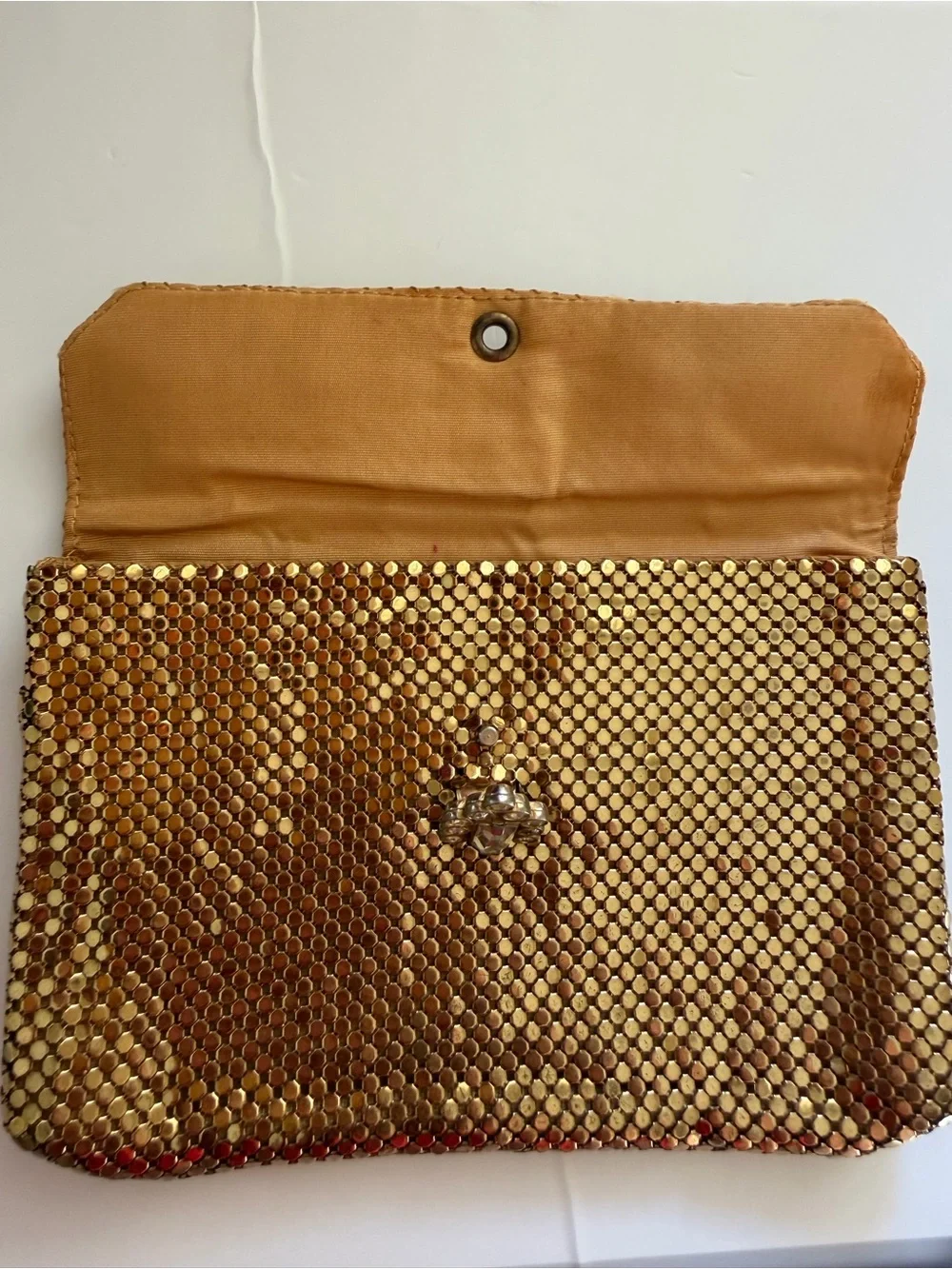 Vintage whiting & Davis Gold-tone Mesh Evening Clutch Bag rhinestone clasp